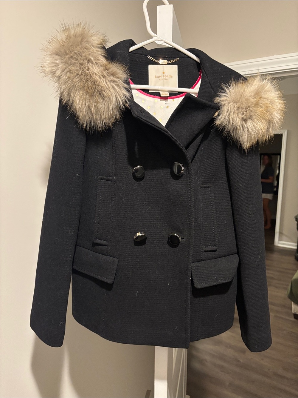 kate spade Black Peacoat with Faux Fur Trim